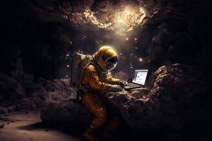 An astronaut in a golden space suit sits on a rocky surface working on a laptop. The environment is dark and cavernous, with dramatic clouds and bright light coming in from above. The scene conveys a surreal mix of space exploration and modern office life, in a mysterious, almost mystical atmosphere.