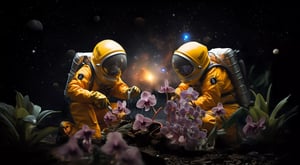 Two astronauts in orange spacesuits stand between purple and pink orchids. The background is dark, as if in space, with glowing stars. The scene appears surreal and magical, as if the astronauts were exploring a strange, blooming world. The lighting creates a mysterious, nocturnal atmosphere.
