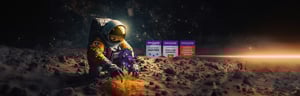 An astronaut in an orange spacesuit kneels on the surface of the moon and reaches for lunar regolith with his hands, holding orchids in one hand. Stars and other celestial bodies are visible in the background. The certification emblems for “Pimcore Platinum Partner”, “Certified Pimcore Expert” and the “Certified Cloud & Enterprise Edition” can be seen in the foreground.