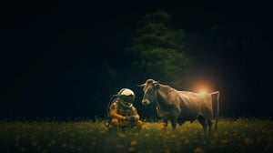 Surreal night scene: an astronaut in an orange spacesuit sits in a field full of yellow flowers next to a cow. Dark trees can be seen in the background. A warm light, possibly a sunset, illuminates the scene from behind. The unusual combination of space technology and rural idyll creates a dreamlike, almost magical atmosphere.