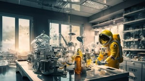 Surreal laboratory scene: an astronaut in a golden spacesuit works at a crowded laboratory table. The room is full of scientific equipment, glass flasks and chemicals. Warm light floods in through large windows in the background. The scene mixes futuristic space technology with a chaotic, steamy chemistry lab and creates a unique, fantastic atmosphere.