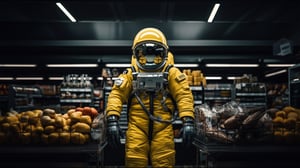 An astronaut in a spacesuit stands in a grocery store.