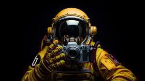 An astronaut in space suit holds a camera in his hands.