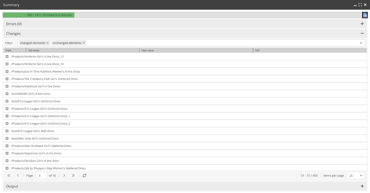 This image shows the Data Director summary window in the form of a table. The table contains information on various products or data records. The product names or data record descriptions are listed in the left-hand column. The other columns contain further key figures or details on the products/data sets, such as new values, changes and differences. At the top of the screen is a summary row with the titles “Summary” and “Errors (0)”. 