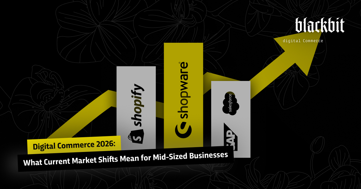 На графіку жовта стрілка показує зростання Shopify, Shopware та SAP у цифровій торгівлі в 2026 році.