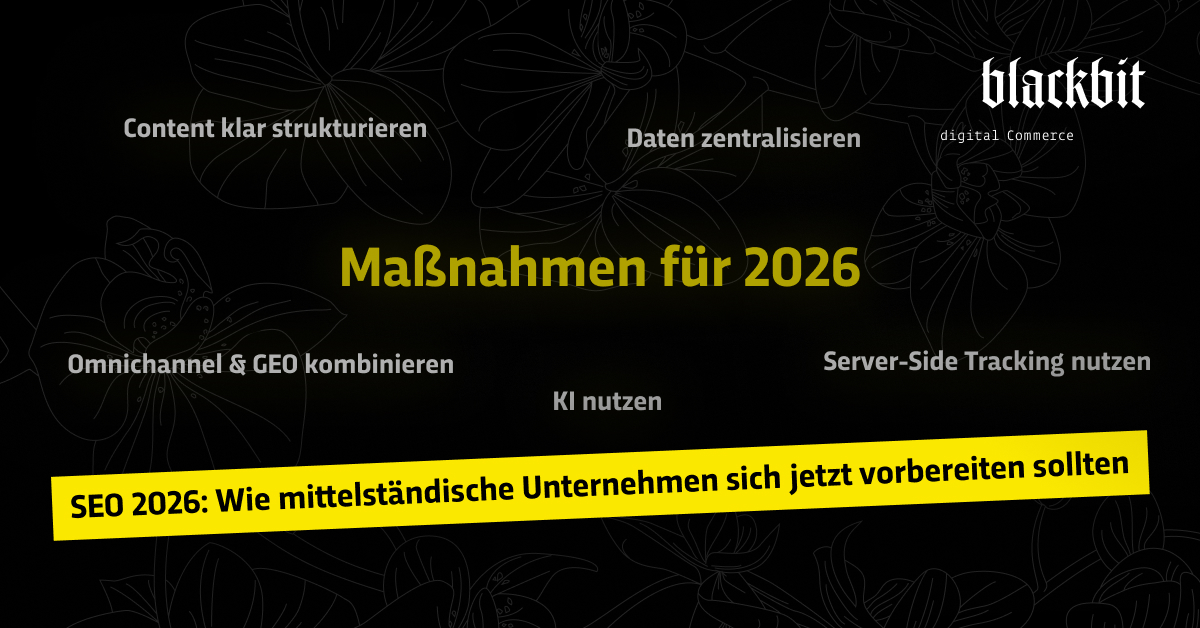 Strategien für 2026 wie KI-Nutzung und Datenzentralisierung werden auf schwarzem Hintergrund mit gelbem Text präsentiert.