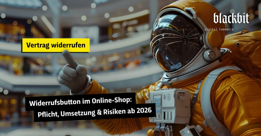 Ein Astronaut hebt den Daumen in einem Einkaufszentrum vor einem Schild mit der Aufschrift "Vertrag widerrufen".