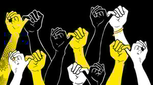 Graphic hands, fingers hold tight