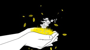 Graphic Blackbit orchid flowers are held by hands and fly away