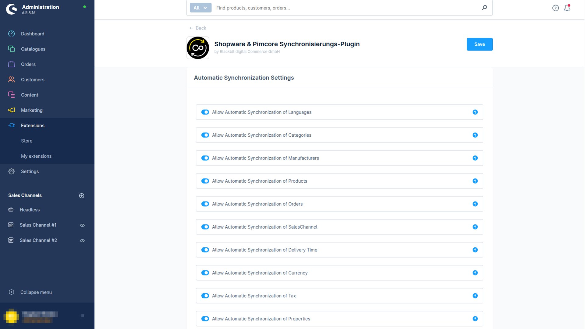 Screenshot der Oberfläche für Synchronisierungssettings