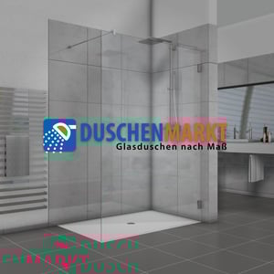 Dusche in Ausstellungsraum, im Vordergrund ist das Duschenmarkt-Logo zu sehen