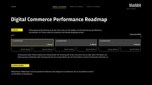 Das Bild zeigt die „Digital Commerce Performance Roadmap“ von Blackbit mit einer Aufteilung in verschiedene Sprint-Zyklen und Fokusbereiche. Oben sind drei Themen mit Zeiträumen angegeben: THEME 1: 01–03/2020, THEME 2: 04–06/2020, und THEME 3: 07–10/2020. Unter dem ersten Thema sind drei Fokusbereiche (Focus Areas) für die ersten drei Monate dargestellt. Darunter wird erläutert, dass jeder Fokusbereich spezifische Metriken zur Überwachung des Fortschritts enthält. Es gibt auch einen Abschnitt „Measures“, der beschreibt, dass Maßnahmen spezifische Aktionen zur Beeinflussung dieser Metriken sind.