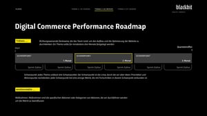 Das Bild zeigt die „Digital Commerce Performance Roadmap“ von Blackbit mit einer Aufteilung in verschiedene Sprint-Zyklen und Fokusbereiche. Oben sind drei Themen mit Zeiträumen angegeben: THEME 1: 01–03/2020, THEME 2: 04–06/2020, und THEME 3: 07–10/2020. Unter dem ersten Thema sind drei Fokusbereiche (Focus Areas) für die ersten drei Monate dargestellt. Darunter wird erläutert, dass jeder Fokusbereich spezifische Metriken zur Überwachung des Fortschritts enthält. Es gibt auch einen Abschnitt „Measures“, der beschreibt, dass Maßnahmen spezifische Aktionen zur Beeinflussung dieser Metriken sind.