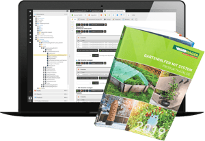 Pimcore Benutzerinterface mit gedrucktem Katalog im Vordergrund.
