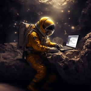 blackbit-pimcoEin Astronaut in goldgelbem Raumanzug sitzt auf einer felsigen Oberfläche und arbeitet an einem Laptop. Die Umgebung ist dunkel und höhlenartig, mit dramatischen Wolken und hellem Licht, das von oben einfällt. Die Szene vermittelt eine surreale Mischung aus Weltraumexploration und modernem Büroalltag, in einer mysteriösen, fast mystischen Atmosphäre.re-cms-dxp-1600x1600