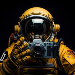 Astronaut in Raumanzug hält eine Kamera in den Händen.