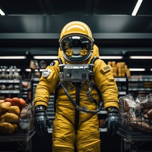 Ein Astronaut in einem Raumanzug steht in einem Lebensmittelgeschäft.