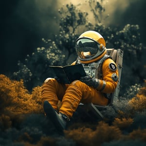 Surreale Weltraumszene: Ein Astronaut in orangefarbenem Raumanzug sitzt in dunklen, wirbelnden Wolken und liest in einem Buch. Der Helm des Astronauten reflektiert ein helles Licht, möglicherweise von einem Mond oder einer entfernten Sonne. Die Atmosphäre ist düster und mysteriös, mit dramatischen Kontrasten zwischen dem leuchtenden Orange des Raumanzugs und den dunklen, stürmischen Wolken im Hintergrund. Das Bild vermittelt eine Stimmung von Isolation und Entdeckung im Kosmos.