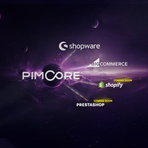 Abstrakte Darstellung eines Weltraums mit Planeten, auf denen die Namen der E-Commerce-Systeme Shopware, BigCommerce, Pimcore, Shopify (in Kürze verfügbar) und PrestaShop (in Kürze verfügbar) platziert sind.