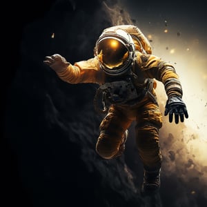 Ein Astronaut in der Schwerelosigkeit, vor einem schwarzen Hintergrund, der die unendlichen Weiten des Weltraums darstellt.