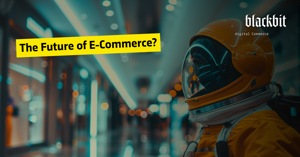 Astronaut in shopping center with the slogan 'The future of e-commerce?' - symbolic image for AI in retail