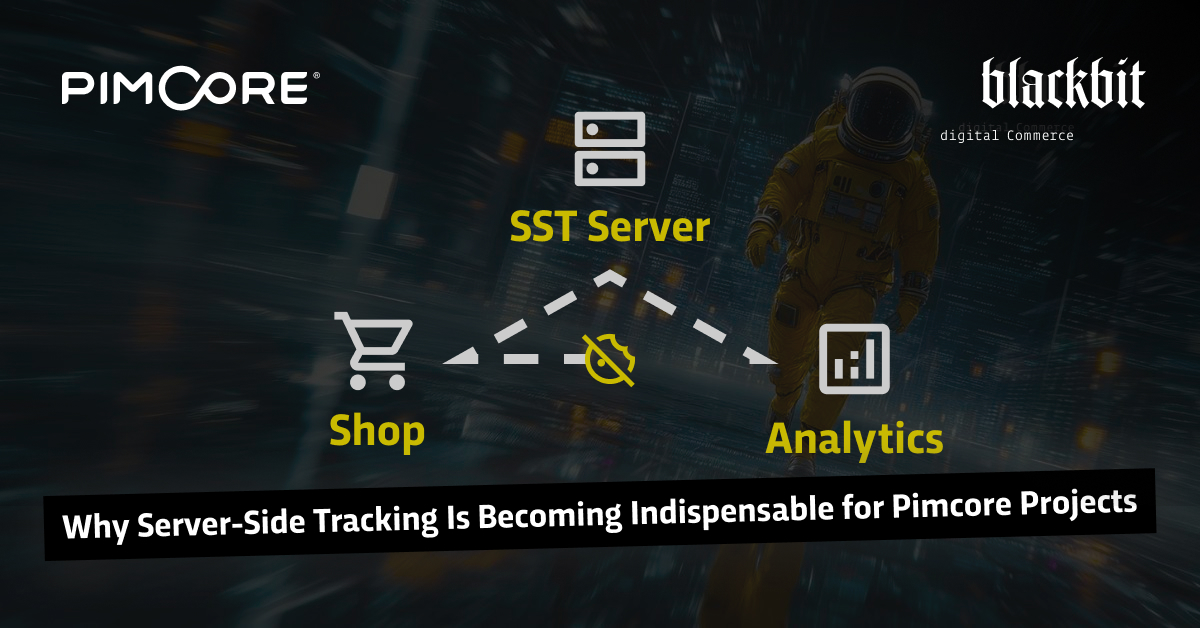 Graphic showing server-side tracking architecture: A shop sends data to analytics systems via an SST server. In the background, a futuristic astronaut and logos from Pimcore and Blackbit.