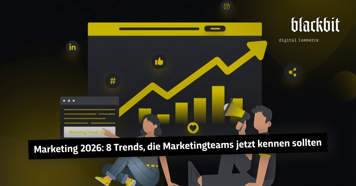 Grafik mit serverseitiger Tracking-Architektur: Ein Shop sendet Daten über einen SST-Server an Analysesysteme. Im Hintergrund ein futuristischer Astronaut, Logos von Pimcore und Blackbit.