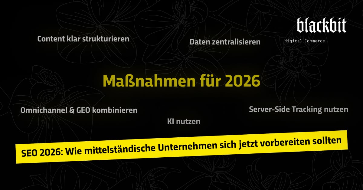 Strategien für 2026 wie KI-Nutzung und Datenzentralisierung werden auf schwarzem Hintergrund mit gelbem Text präsentiert.