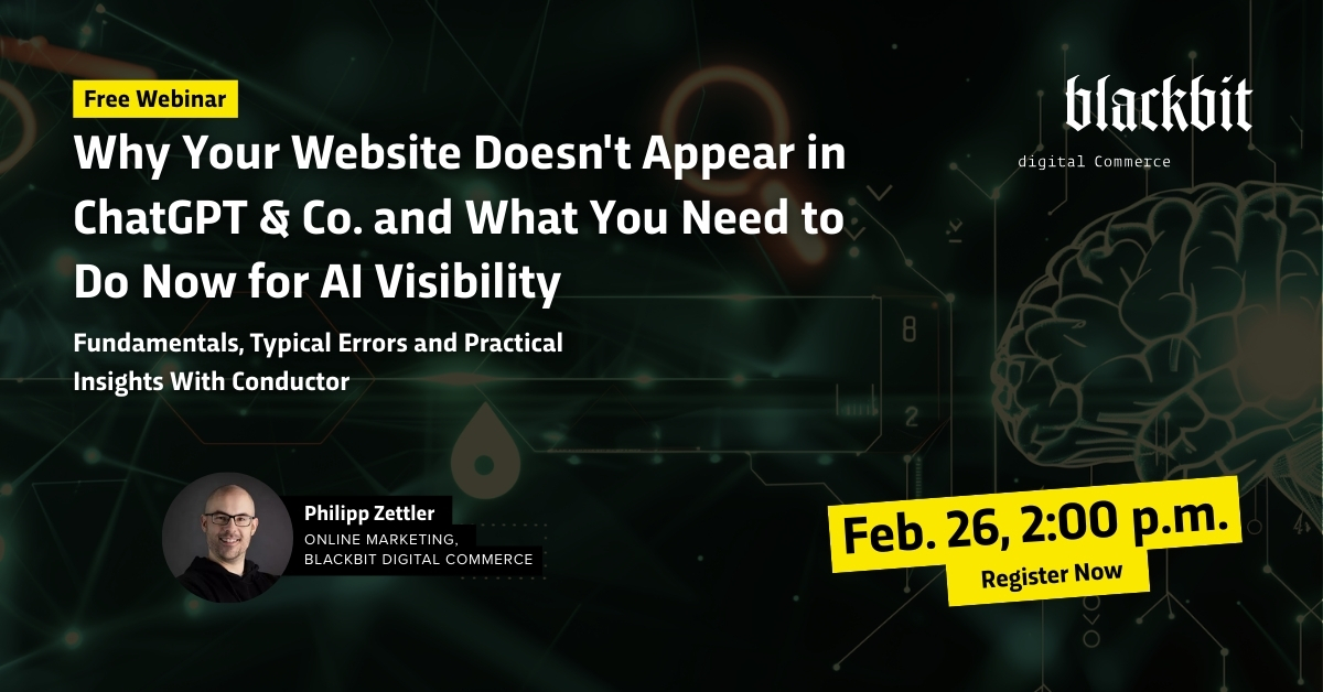 A banner ad for a free webinar on AI visibility on February 26 at 2:00 pm with Philipp Zettler.
