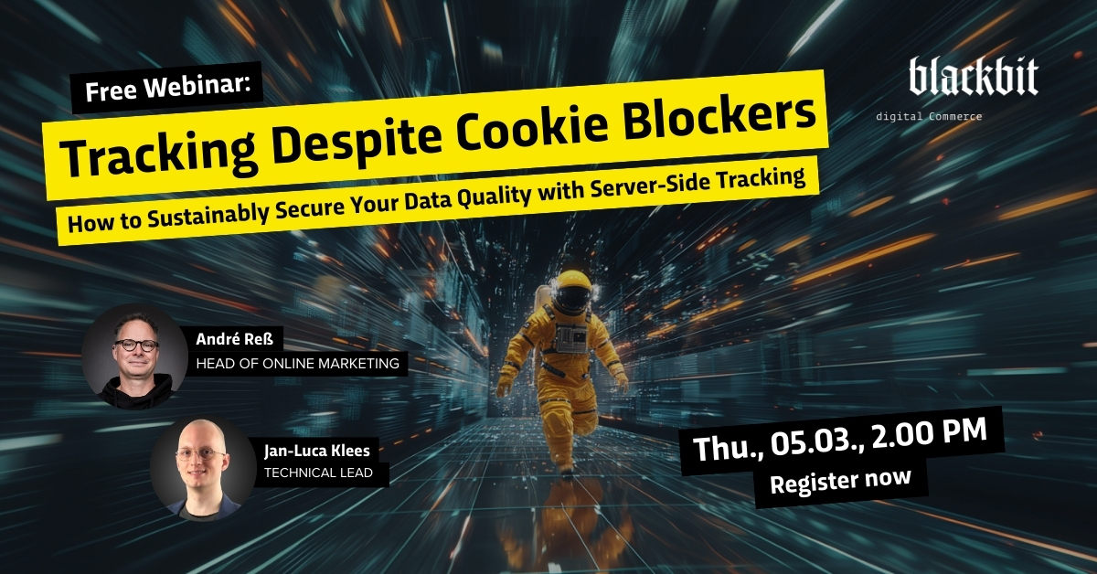 An astronaut walks through a digital tunnel, flanked by details about a webinar on tracking and data quality.