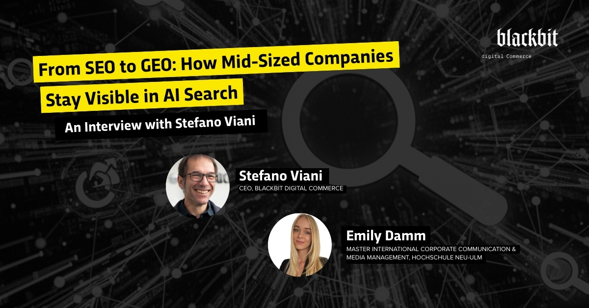 Stefano Viani talks about visibility in AI search in an interview, with portraits of him and Emily Damm in front of a digital background